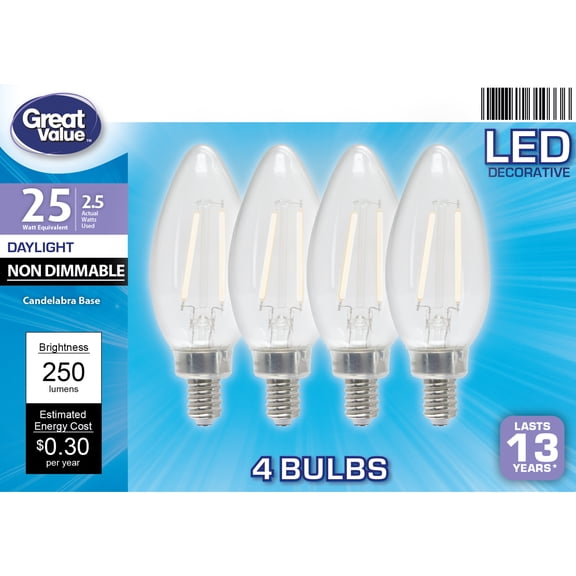 Great Value LED Light Bulb, 2.5W (25W Equivalent) B10 Deco Lamp E12 Candelabra Base, Non-dimmable, Daylight, 4-Pack