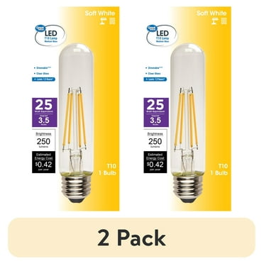 (2 pack) Great Value LED Light Bulb, 3.5 Watts (25W Equivalent) T10 Clear Tube Lamp E26 Medium Base, Dimmable, Soft White, 1-Pack