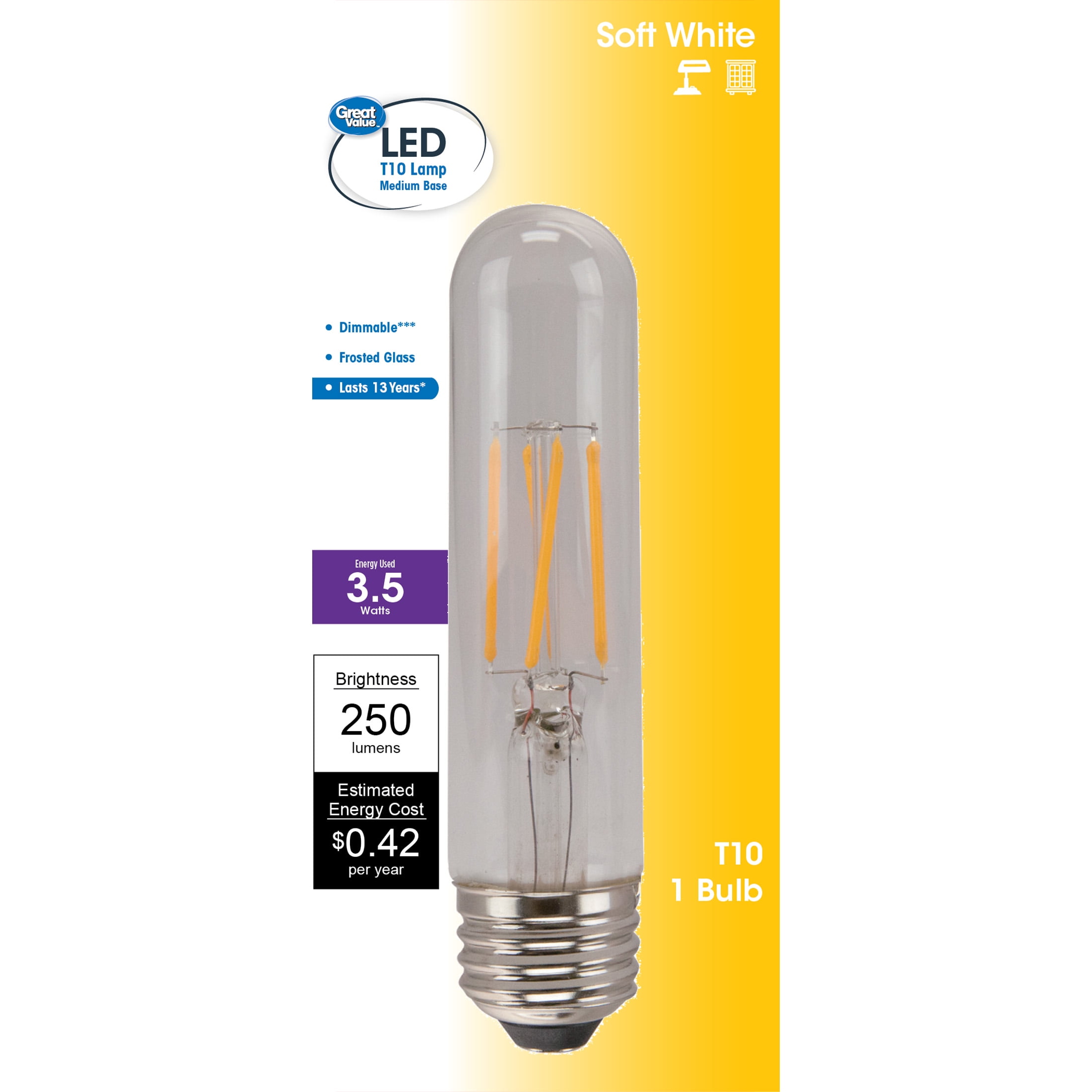 Great Value LED Light Bulb, 3.5 Watts (25W Equivalent) T10 Clear Tube Lamp E26 Medium Base, Dimmable, Soft White, 1-Pack