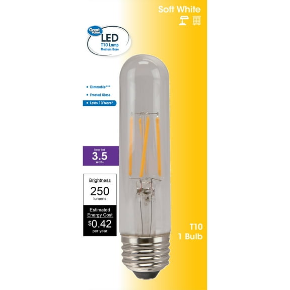 Great Value LED Light Bulb, 3.5 Watts (25W Equivalent) T10 Clear Tube Lamp E26 Medium Base, Dimmable, Soft White, 1-Pack
