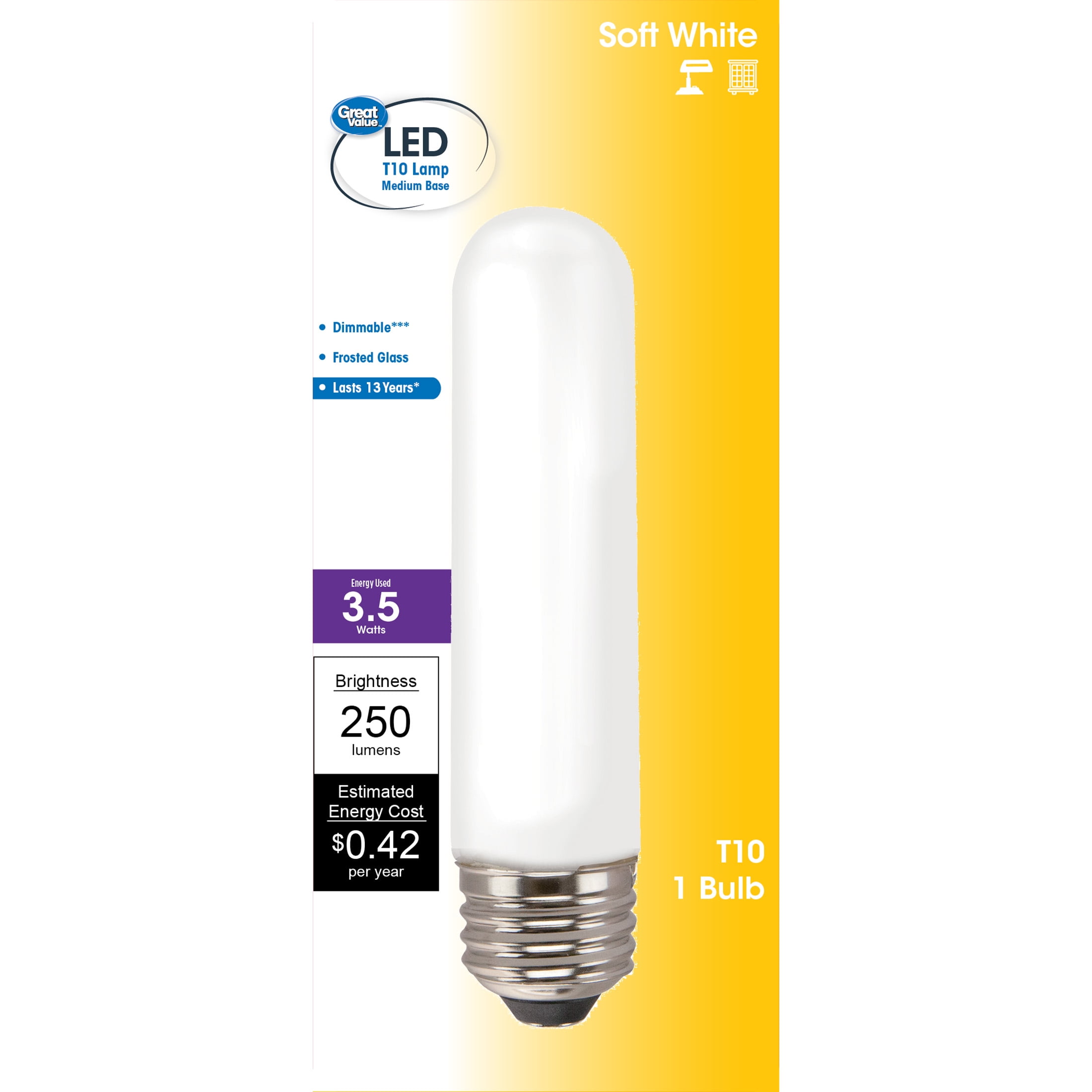 Great Value LED Light Bulb, 3.5 Watts (25W Equivalent) T10 Frosted Tube Lamp E26 Medium Base, Dimmable, Soft White, 1-Pack