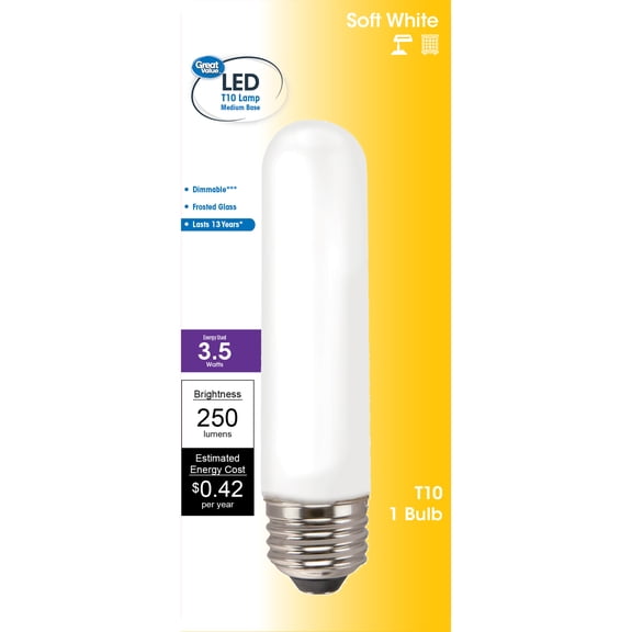 Great Value LED Light Bulb, 3.5 Watts (25W Equivalent) T10 Frosted Tube Lamp E26 Medium Base, Dimmable, Soft White, 1-Pack