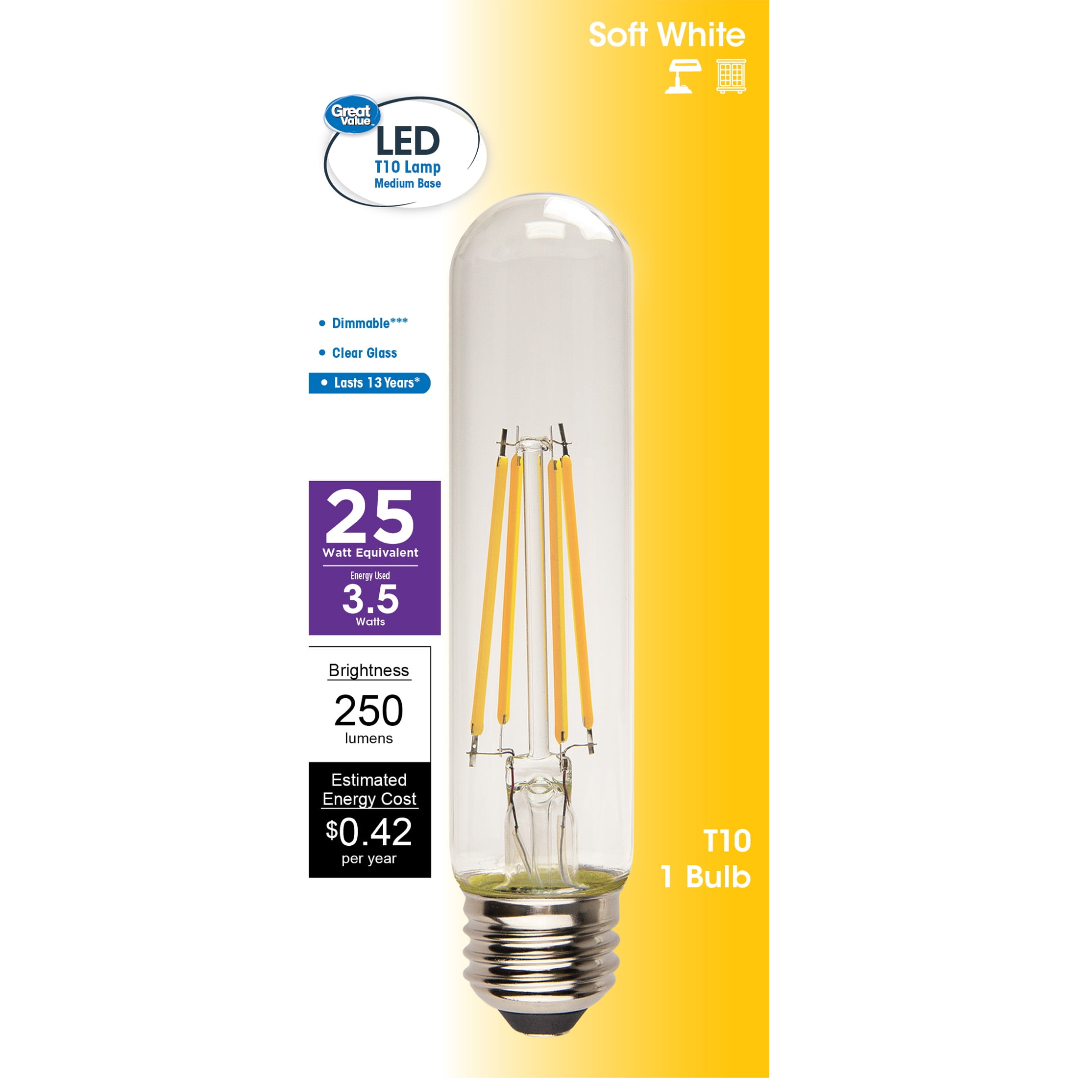 Great Value LED Light Bulb, 3.5W (25W Equivalent) T10 Clear Tube Lamp E26  Medium Base, Dimmable, Soft White, 1-Pack