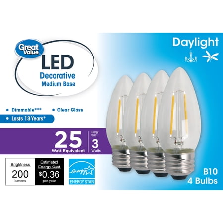Great Value LED Light Bulb, 3 Watts (25W Equivalent) B10 Deco Lamp E26 Medium Base, Dimmable, Daylight, 4-Pack