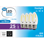 Great Value LED Light Bulb, 3W (25W Equivalent) B10 Deco E26 Medium Base, Dimmable, Daylight, 4-Pack