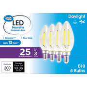 Great Value LED Light Bulb, 3W (25W Equivalent) B10 Deco Lamp E12 Candelabra Base, Dimmable, Daylight, 4-Pack