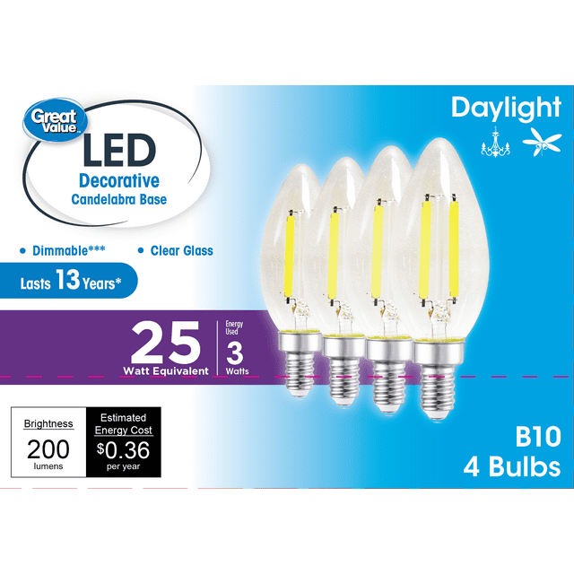 Great Value LED Light Bulb, 3W (25W Equivalent) B10 Deco Lamp E12
