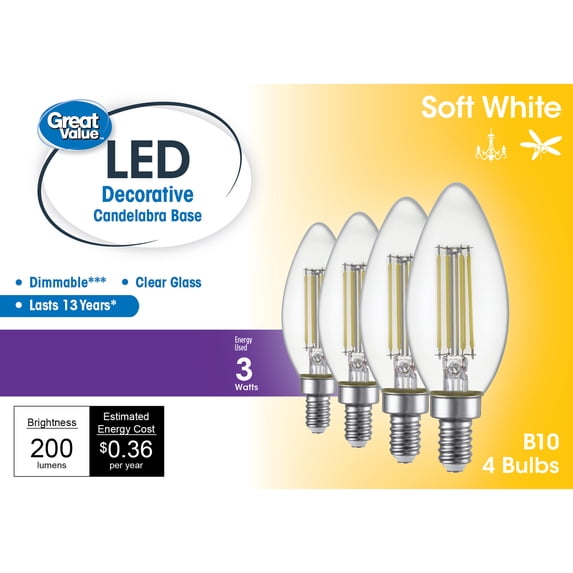 Great Value LED Light Bulb, 3W (25W Equivalent) B10 Deco Lamp E12 Candelabra Base, Dimmable, Soft White, 4-Pack