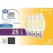 Great Value LED Light Bulb, 3W 25W Equivalent B10 Deco Lamp E12 Candelabra Base, Dimmable, Soft White, 4-Pack