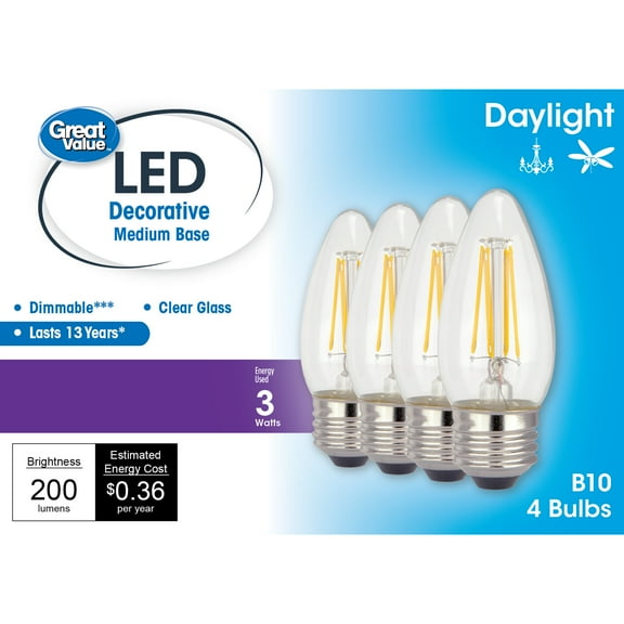 Great Value LED Light Bulb, 3W (25W Equivalent) B10 Deco Lamp E26 Medium Base, Dimmable, Daylight, 4-Pack