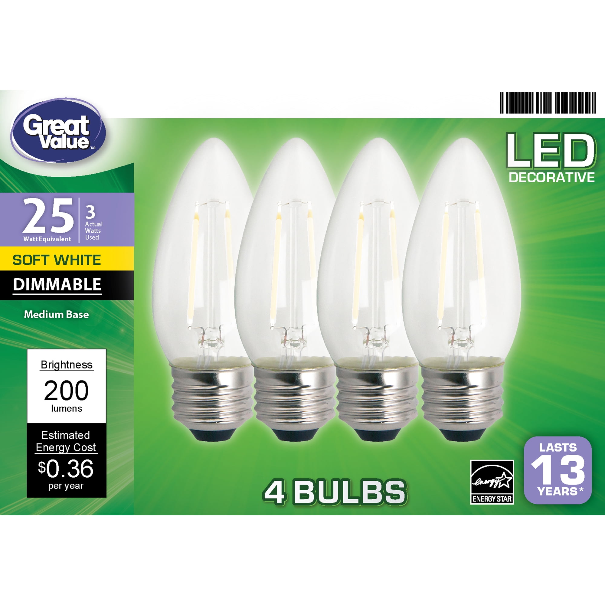 Great Value LED Light Bulb, 3W (25W Equivalent) B10 Deco Lamp E26 Medium Base, Dimmable, Soft White, 4-Pack