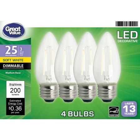 Great Value LED Light Bulb, 3W (25W Equivalent) B10 Deco Lamp E26 Medium Base, Dimmable, Soft White, 4-Pack