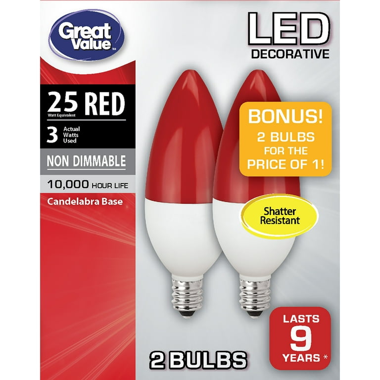 Afskedigelse Grund lineær Great Value LED Light Bulb, 3W (25W Equivalent) B11 Deco Lamp E12  Candelabra Base, Non-dimmable, Red, 2-Pack - Walmart.com