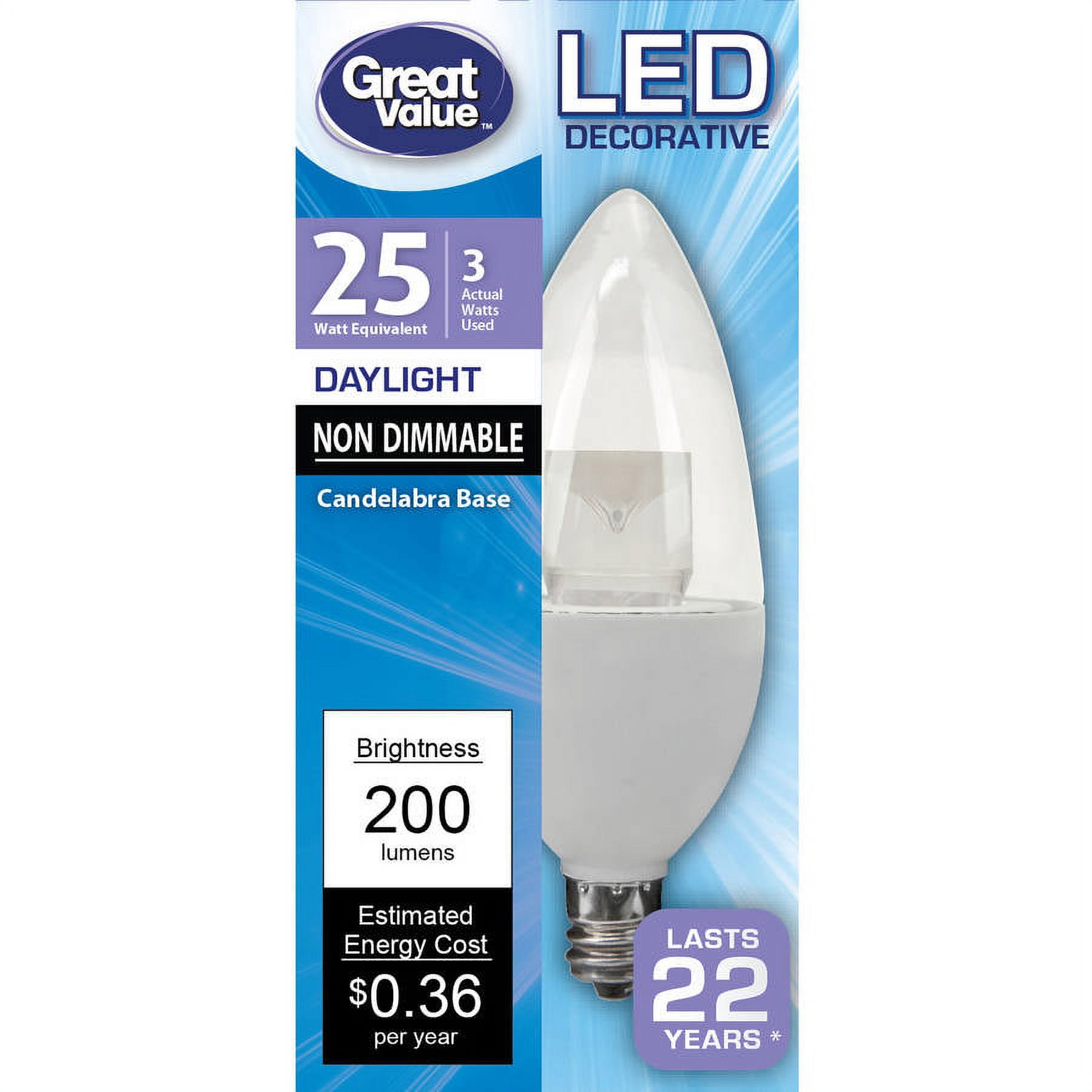 Great Value LED Light Bulb, 3W (25W Equivalent) B11 Decorative Lamp E12 Candelabra Base, Non-Dimmable, Daylight, 1-Pack - image 1 of 5