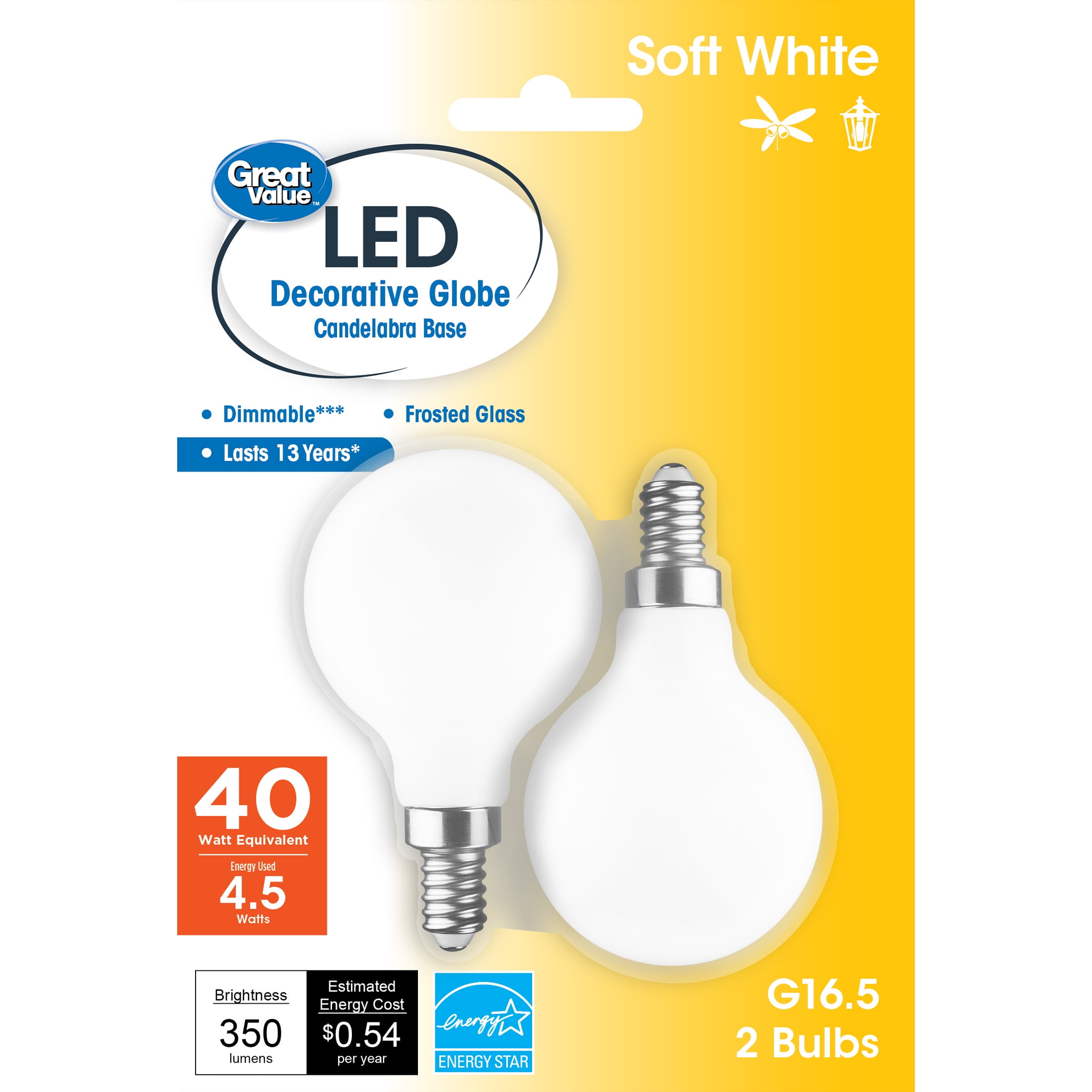 Great Value LED Light Bulb, 4.5 Watts (40W Equivalent) G16 Globe E12 Candelabra Base, Non-Dimmable, Soft White, 2-Pack