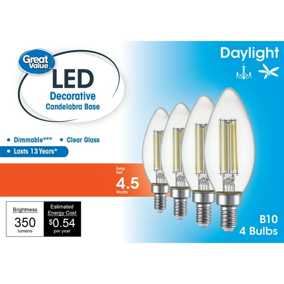 Great Value LED Light Bulb, 4.5W (40W Equivalent) B10 Deco Lamp E12 Candelabra Base, Dimmable, Daylight, 4-Pack