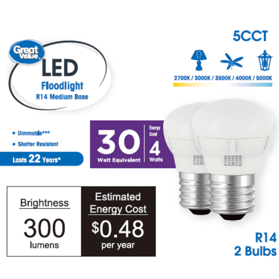 Great Value LED Light Bulb, 4 Watts (30W Equivalent) R14 Floodlight Lamp E26 Medium Base, Dimmable, 5ACT, 2-Pack