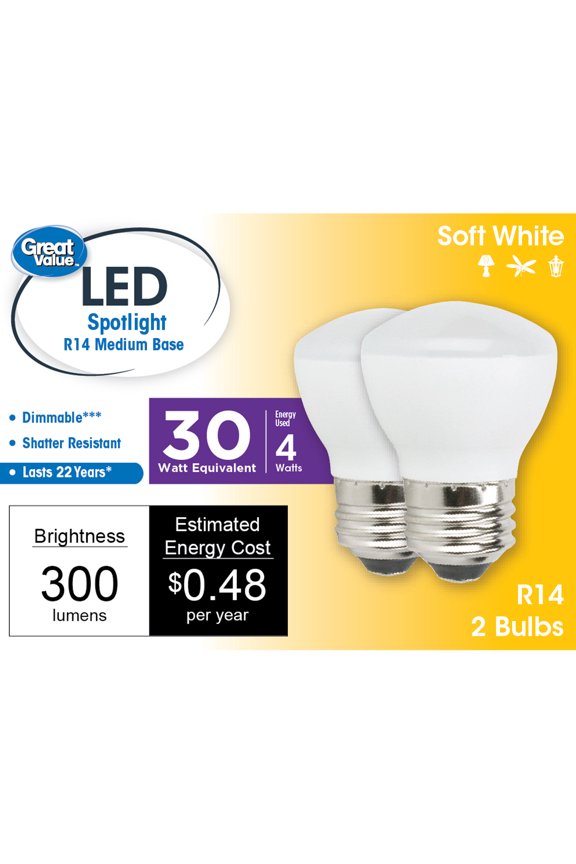 LED Light Bulb, 4 Watts (30W Equivalent) R14 Floodlight Lamp E26 Medium Base, Dimmable, Soft White, 2-Pack
