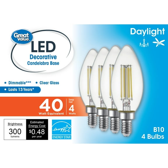 Great Value LED Light Bulb, 4 Watts (40W Equivalent) B10 Deco Lamp E12 Candelabra Base, Dimmable, Daylight, 4-Pack