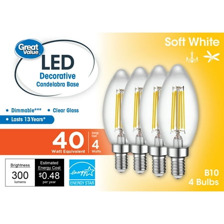 Great Value LED Light Bulb, 4 W (40 W Equivalent) B10 Decorative Lamp, E12 Candelabra Base, Dimmable, Soft White, 4-Pack
