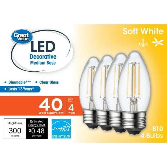 Great Value LED Light Bulb, 4 Watts (40W Equivalent) B10 Deco Lamp E26 Medium Base, Dimmable, Soft White, 4-Pack