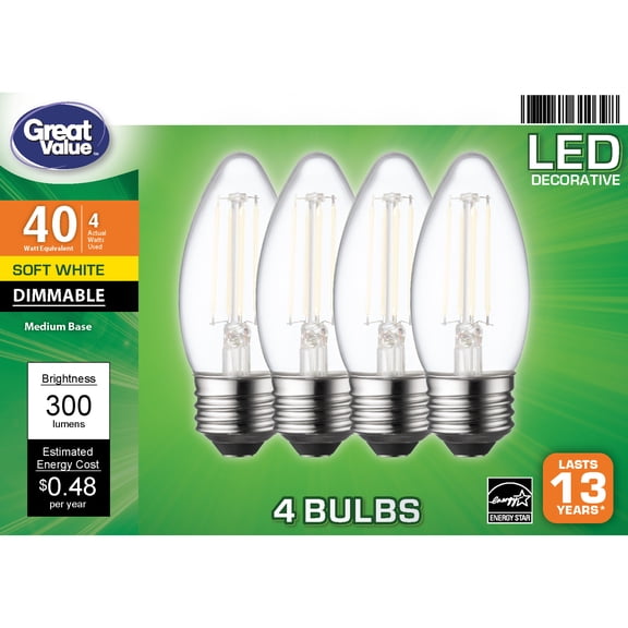 Great Value LED Light Bulb, 4 Watts (40W Equivalent) B10 Deco Lamp E26 Medium Base, Dimmable, Soft White, 4-Pack
