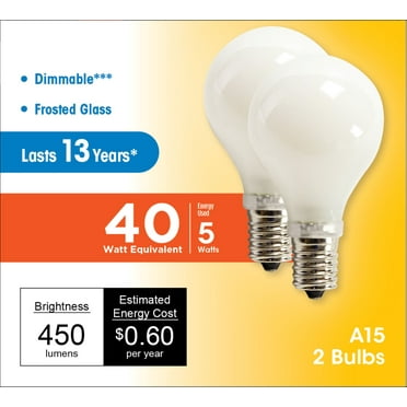 Great Value LED Light Bulb, 4W (40W Eq) A15 Ceiling Fan Frosted E17 Base, Dim, Soft White, 2-Pack
