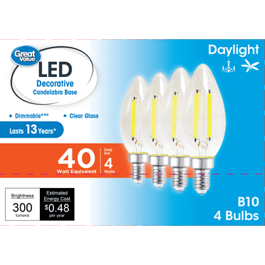 Great Value LED Light Bulb, 4W (40W Equivalent) B10 Deco E12 Small Base, Dimmable, Daylight, 4-Pack
