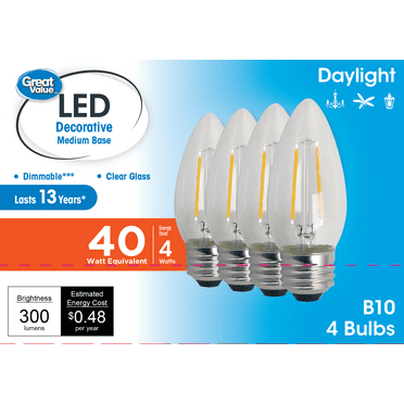 Great Value LED Light Bulb, 4W (40W Equivalent) B10 Deco E26 Medium Base, Dimmable, Daylight, 4-Pack