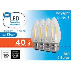 Great Value LED Light Bulb, 4W (40W Equivalent) B10 Deco E26 Medium Base, Dimmable, Daylight, 4-Pack