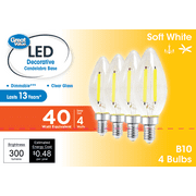 Great Value LED Light Bulb, 4W (40W Equivalent) B10 Deco Lamp E12 Candelabra Base, Dimmable, Soft White, 4-Pack