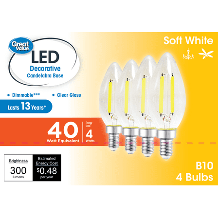 Great Value LED Light Bulb, 4W (40W Equivalent) B10 Deco Lamp E12 Candelabra Base, Dimmable, Soft White, 4-Pack