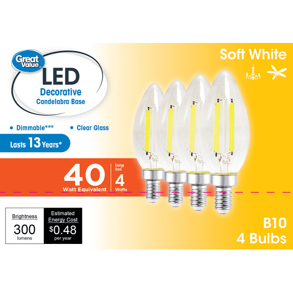 Great Value LED Light Bulb, 4W (40W Equivalent) B10 Deco Lamp E12 Candelabra Base, Dimmable, Soft White, 4-Pack