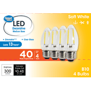 Great Value LED Light Bulb, 4W (40W Equivalent) B10 Deco Medium Base, Dimmable, Soft White, 4-Pack