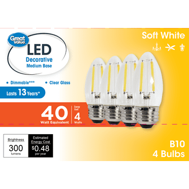 Great Value LED Light Bulb, 4W (40W Equivalent) B10 Deco Medium Base, Dimmable, Soft White, 4-Pack