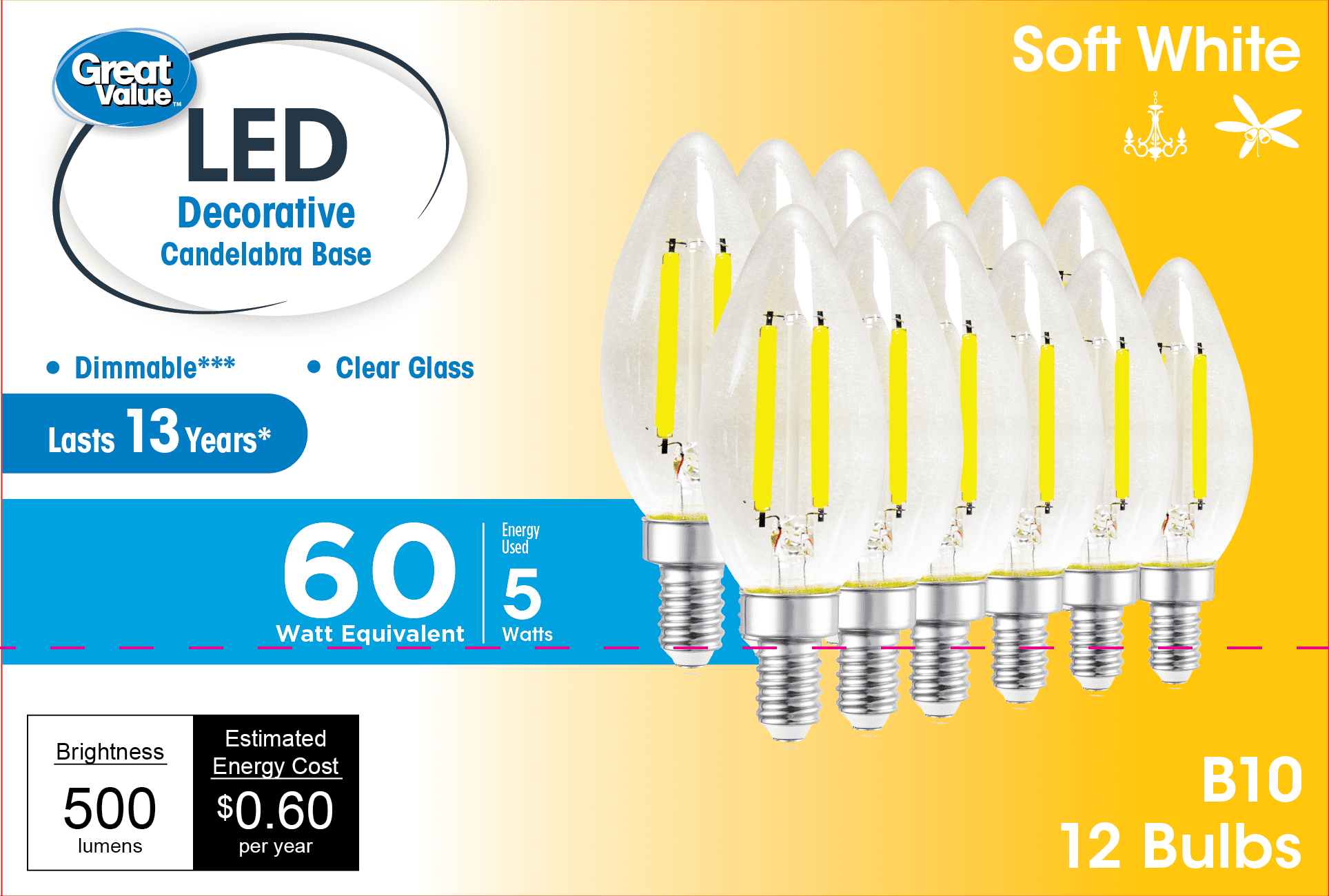Great Value LED Light Bulb, 4W (60W Equivalent) B10 Deco Lamp E12 Candelabra Base, Dimmable, Soft White, 12-Pack