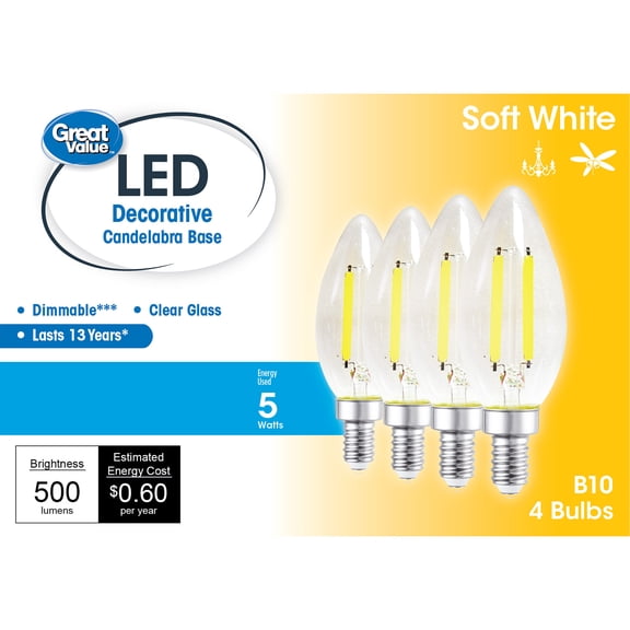 Great Value LED Light Bulb, 4W (60W Equivalent) B10 Deco Lamp E12 Candelabra Base, Dimmable, Soft White, 4-Pack