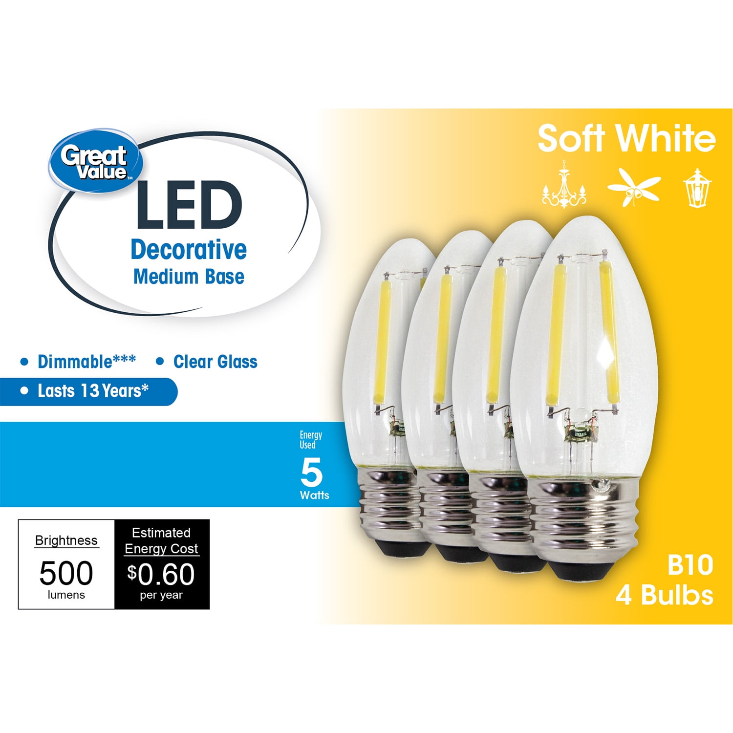 Great Value B10 LED 5W Soft White Decorative Medium Base Light Bulb, 4 Pack