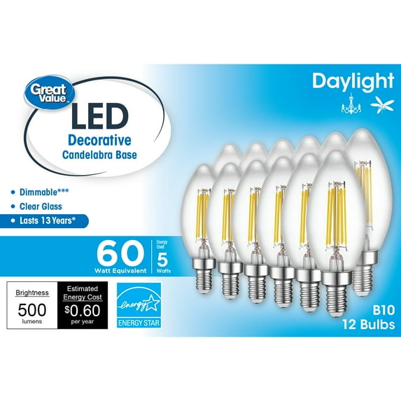 Great Value LED Light Bulb, 5.5 Watts (60W Equivalent) B10 Deco Lamp E12 Candelabra Base, Dimmable, Daylight, 12-Pack