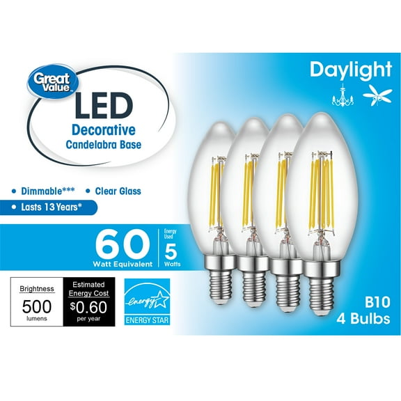 Great Value LED Light Bulb, 5.5 Watts (60W Equivalent) B10 Deco Lamp E12 Candelabra Base, Dimmable, Daylight, 4-Pack