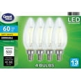 thumbnail image 1 of Great Value LED Light Bulb, 5.5 Watts (60W Equivalent) B10 Deco Lamp E12 Candelabra Base, Dimmable, Soft White, 4-Pack, 1 of 8