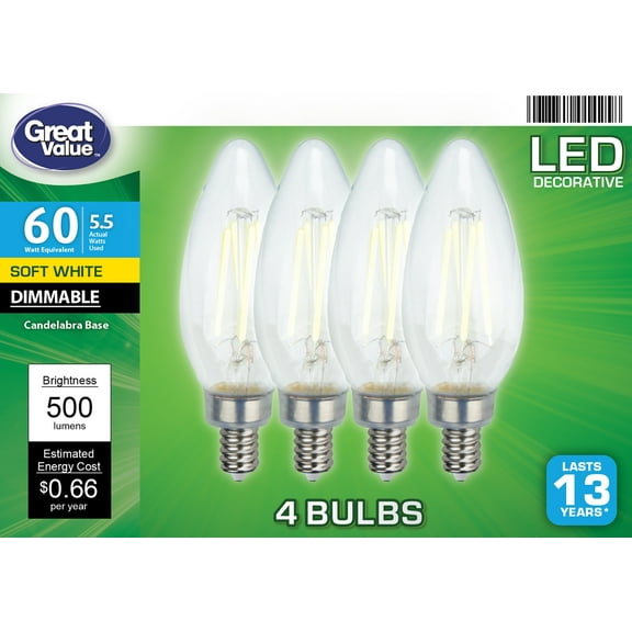 Great Value LED Light Bulb, 5.5 Watts (60W Equivalent) B10 Deco Lamp E12 Candelabra Base, Dimmable, Soft White, 4-Pack