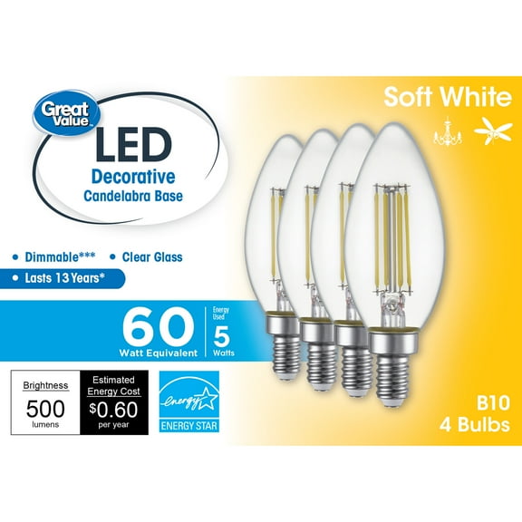 Great Value LED Light Bulb, 5.5 Watts (60W Equivalent) B10 Deco Lamp E12 Candelabra Base, Dimmable, Soft White, 4-Pack