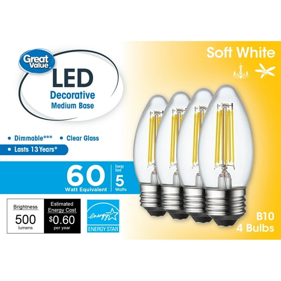 Great Value B10 LED 5W (60W Equivalent) Soft White Decorative Medium Base Light Bulbs, 4 Pack