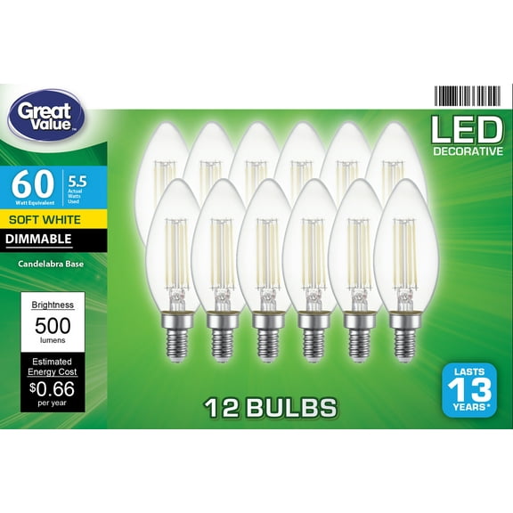 Great Value LED Light Bulb, 5.5 Watts (60W Eqv.) B10 Deco Lamp E12 Base, Dimmable, Soft White, 12-Pack,Clear