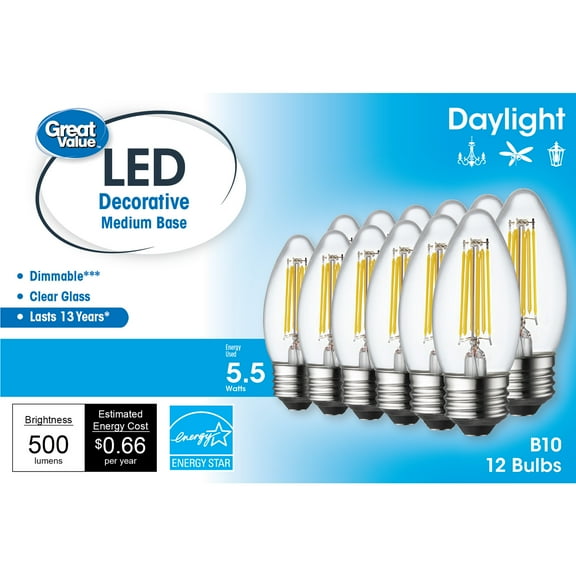 Great Value LED Light Bulb, 5.5 Watts (60w Equivalent) Deco lamp E26 Medium Base, Dimmable, Daylight, 12-Pack