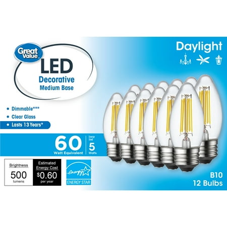 Great Value Decorative LED Light Bulb, 5.5 W (60 W Equivalent), E26 Medium Base, Dimmable, Daylight, 12-Pack
