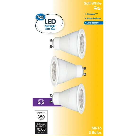 Great Value LED Light Bulb, 5.5W (35W Equivalent) MR16 Lamp GU10 Base, Dimmable, Soft White, 3-Pack