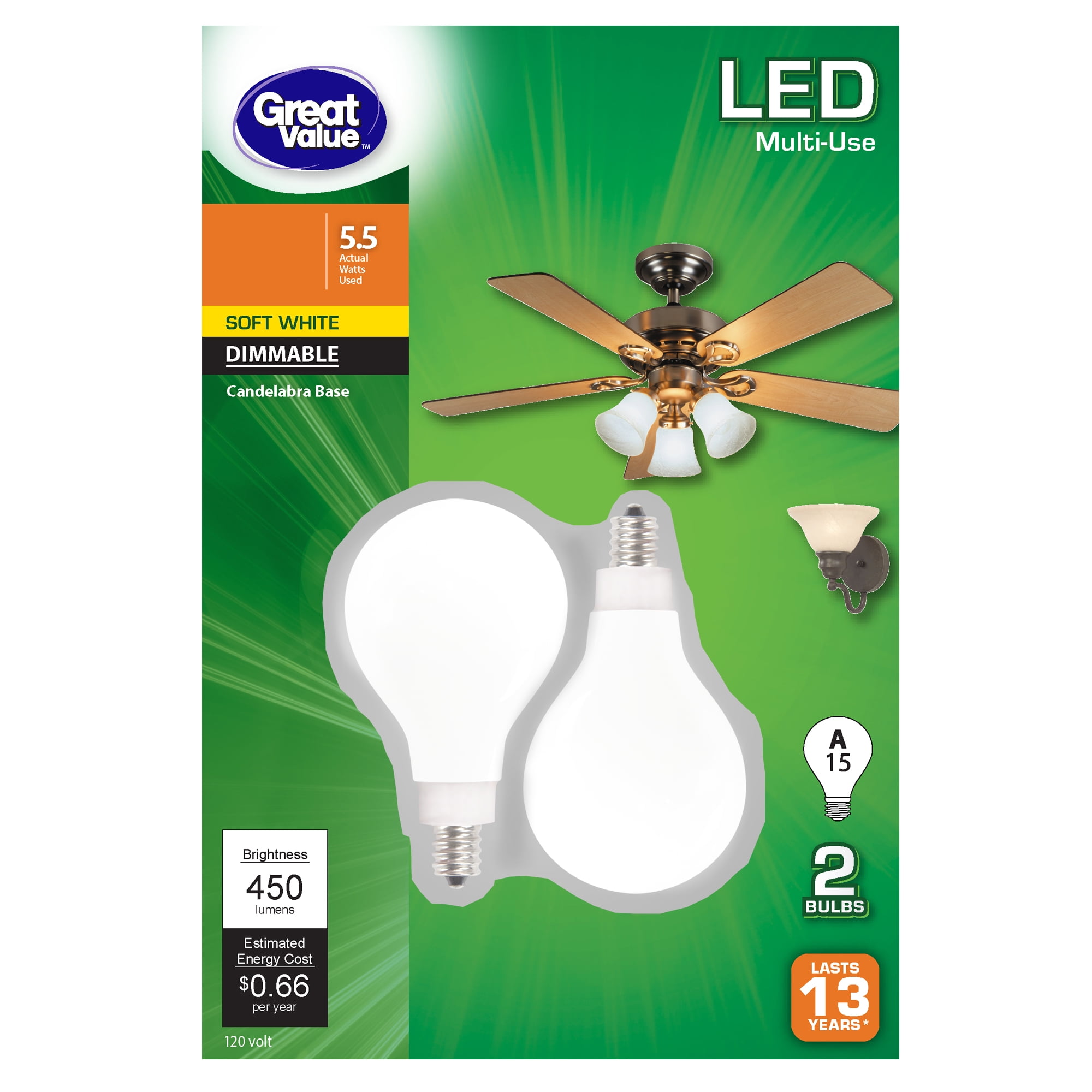 Great Value LED Light Bulb, 5.5W (40W Equivalent) A15 Ceiling Fan Frosted Lamp E12 Candelabra Base, Dimmable, Soft White, 2-Pack