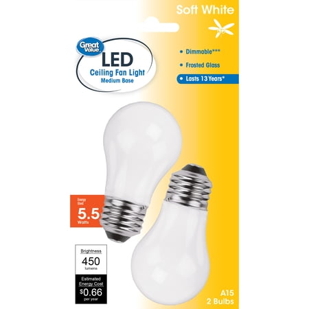 Great Value LED Light Bulb, 5.5W (40W Equivalent) A15 Ceiling Fan Frosted Lamp E26 Medium Base, Dimmable, Soft White, 2-Pack